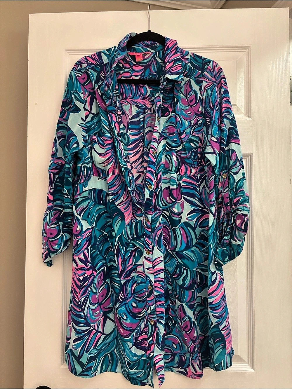 Lilly Pulitzer Abstract Print Long Sleeve Swim Cover Up in Blue & Pink Size XL L